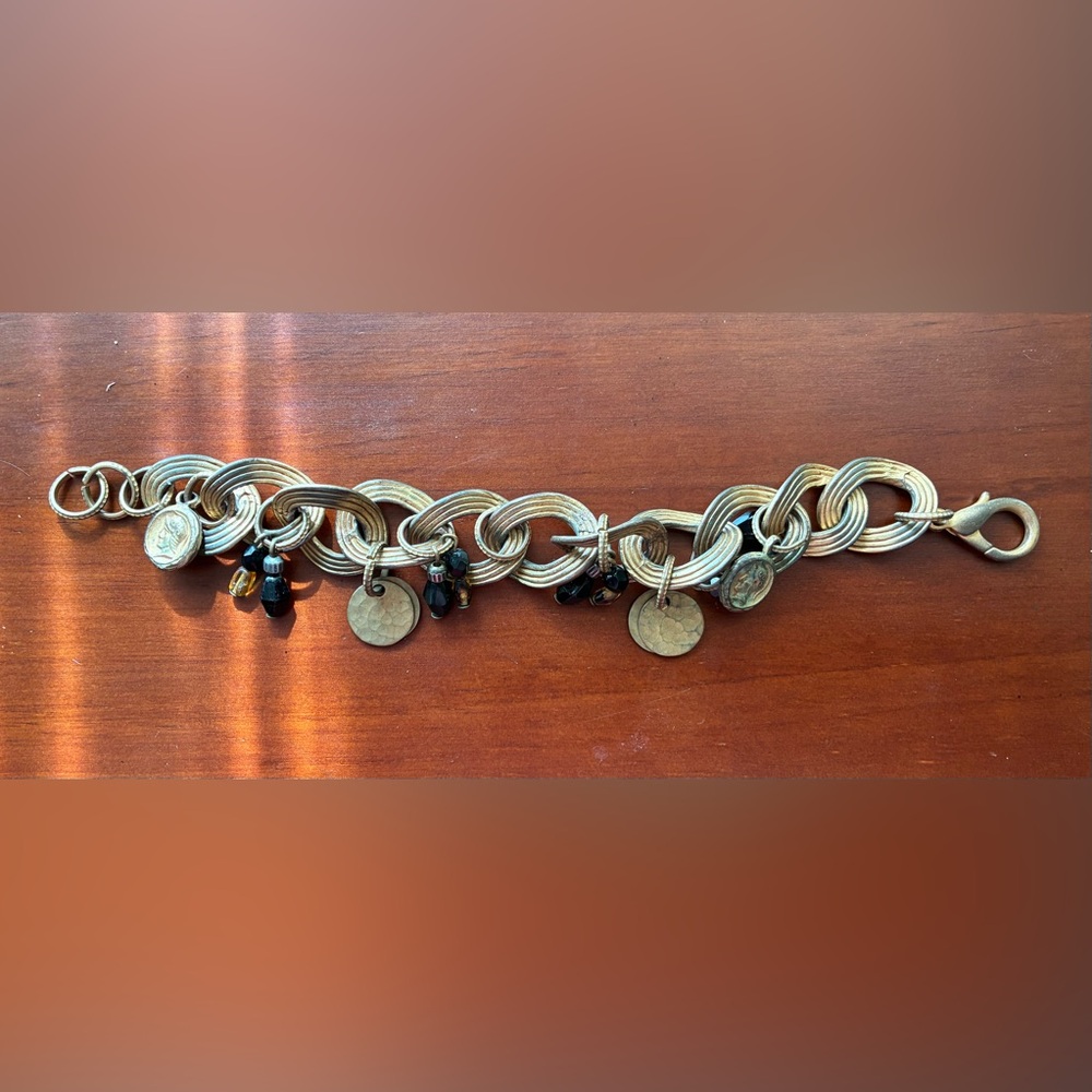 Gold-Tone Charm Chain Bracelet with Black Beads